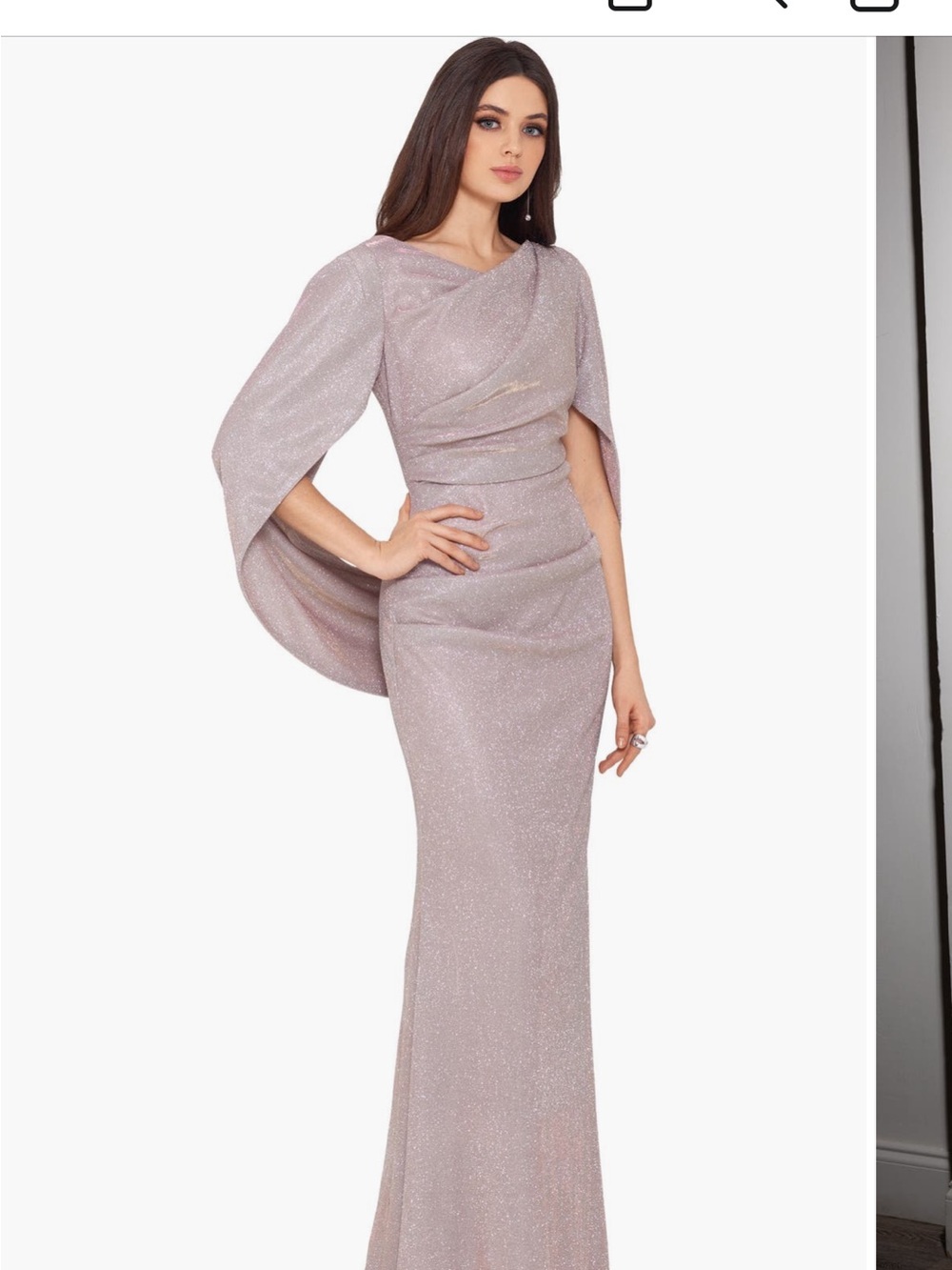 Betsy & Adam Metallic Gold Cape-Sleeve Maxi Gown